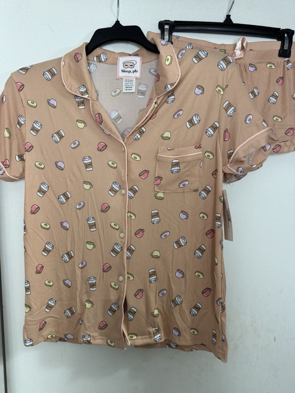 Sleep Plz Cafe Oh Donut Even & Coffee Short Pajama Set Size Medium Cute Cozy